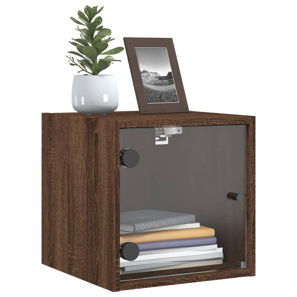 Brown Oak Bedside Cabinets with Glass Doors - Set of 2, 35x37x35 cm
