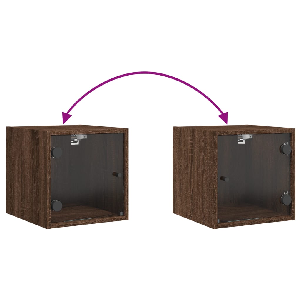 Brown Oak Bedside Cabinets with Glass Doors - Set of 2, 35x37x35 cm