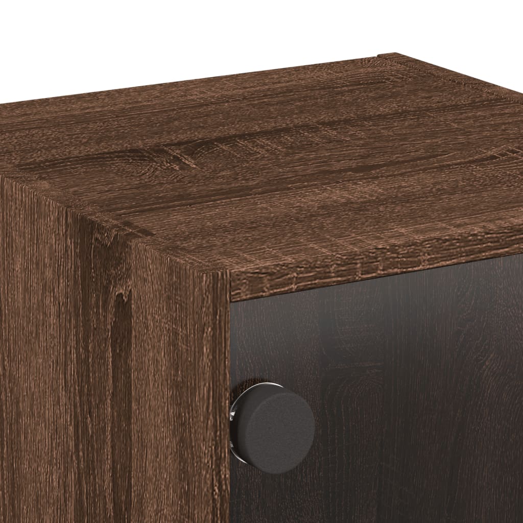Brown Oak Bedside Cabinets with Glass Doors - Set of 2, 35x37x35 cm