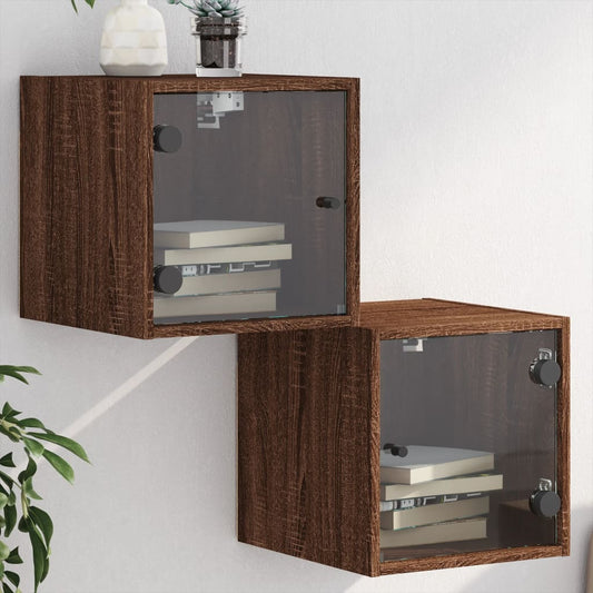 Brown Oak Bedside Cabinets with Glass Doors - Set of 2, 35x37x35 cm