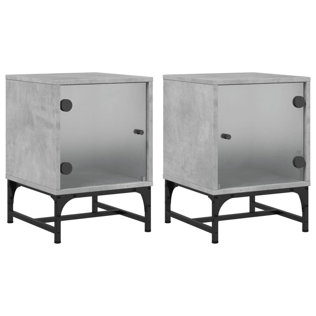 Concrete Grey Bedside Cabinets with Glass Doors, Set of 2 - 35x37x50cm