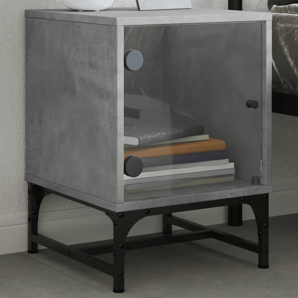 Concrete Grey Bedside Cabinets with Glass Doors, Set of 2 - 35x37x50cm