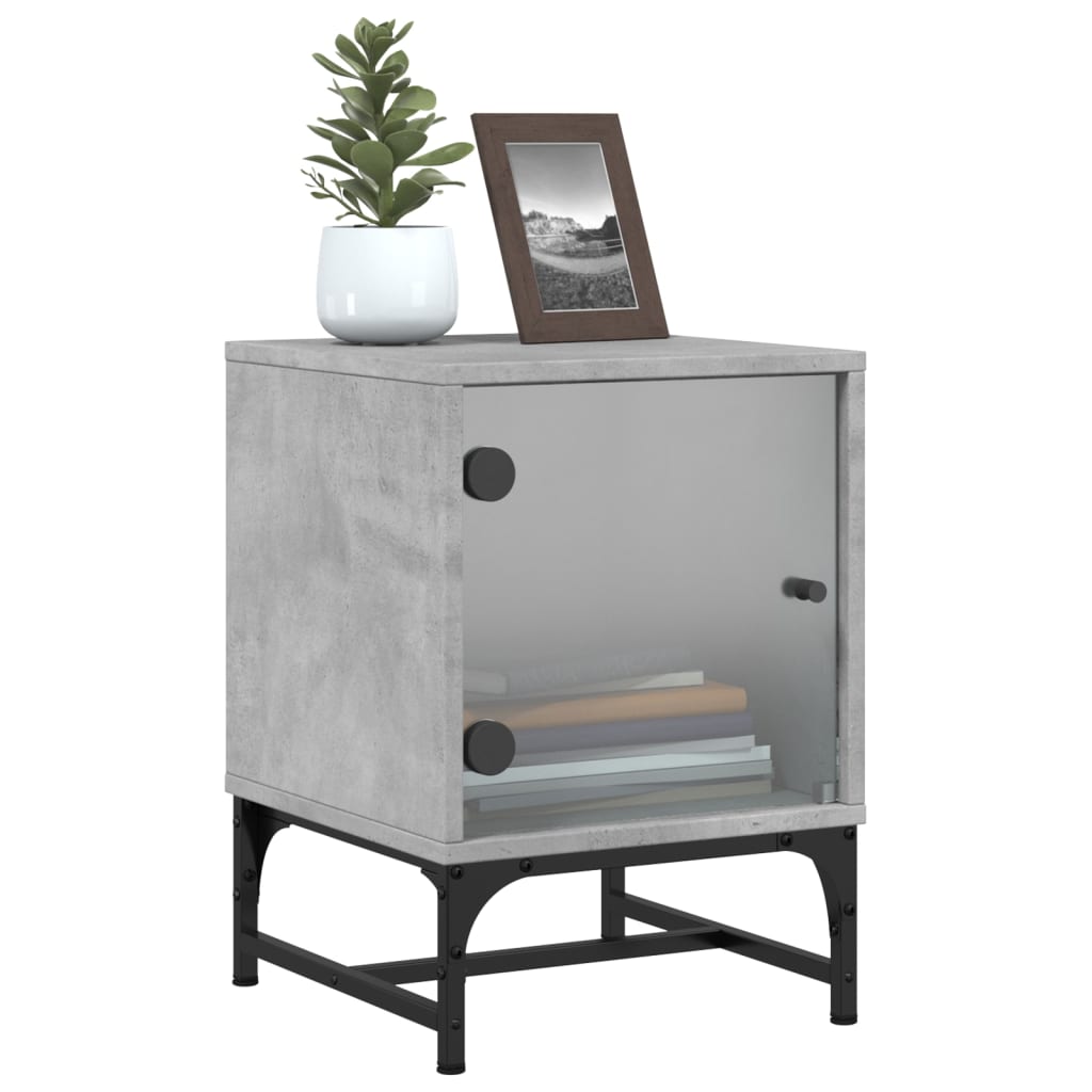 Concrete Grey Bedside Cabinets with Glass Doors, Set of 2 - 35x37x50cm
