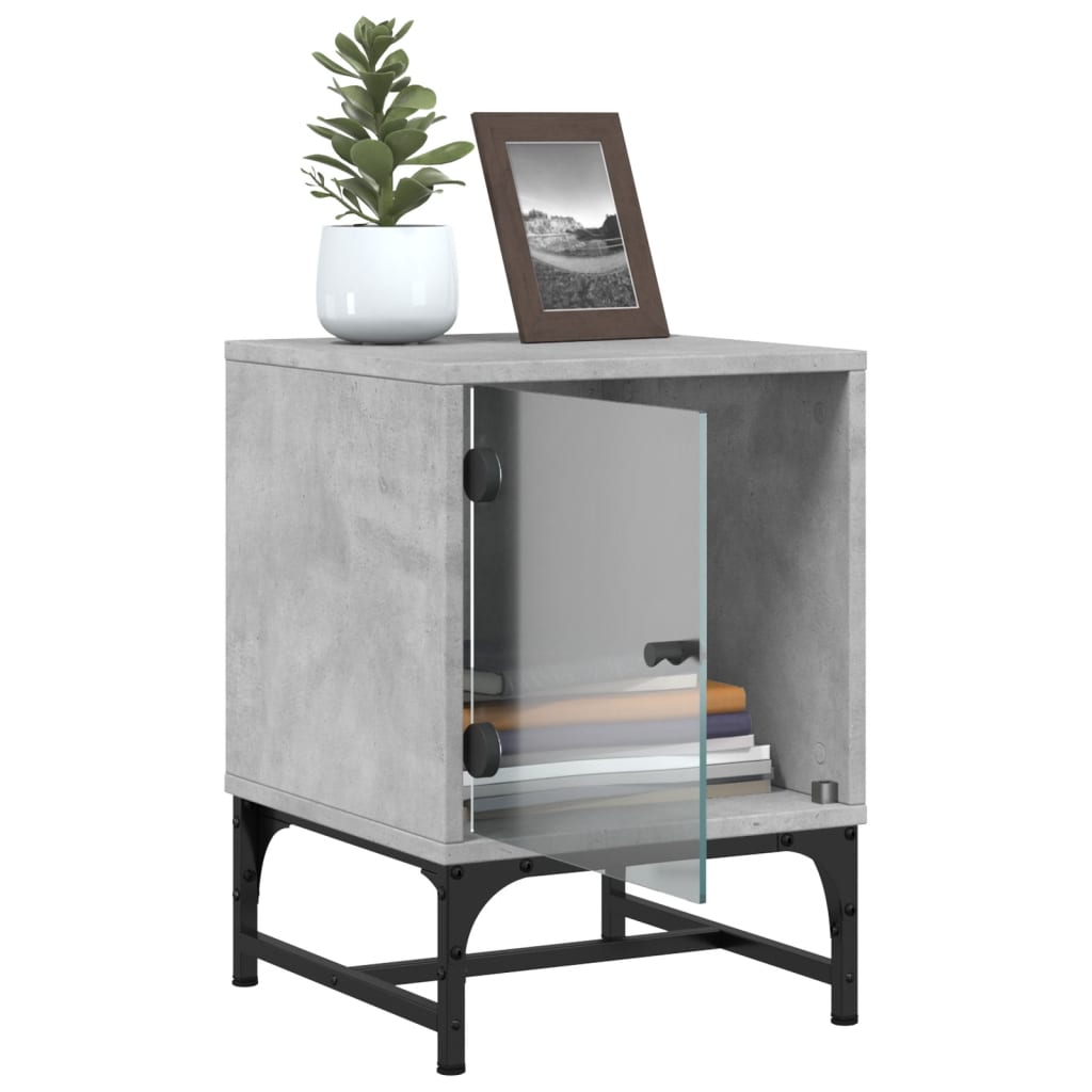 Concrete Grey Bedside Cabinets with Glass Doors, Set of 2 - 35x37x50cm