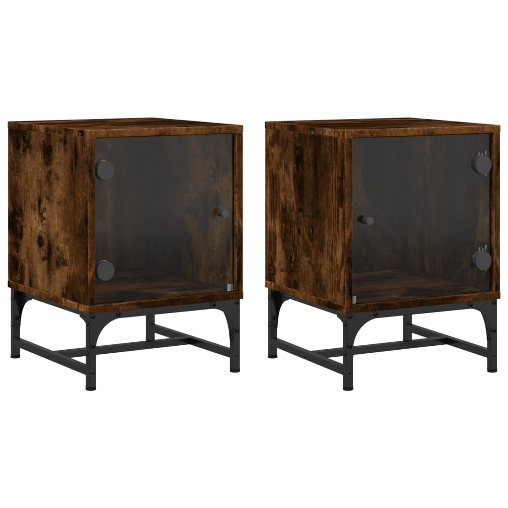 Smoked Oak Bedside Cabinets with Glass Doors, 2 Pcs, 35x37x50 cm