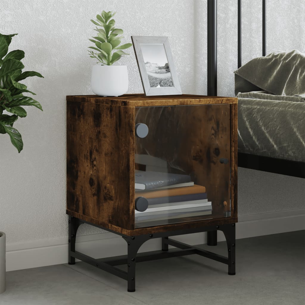 Smoked Oak Bedside Cabinets with Glass Doors, 2 Pcs, 35x37x50 cm