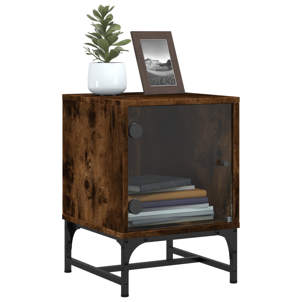 Smoked Oak Bedside Cabinets with Glass Doors, 2 Pcs, 35x37x50 cm