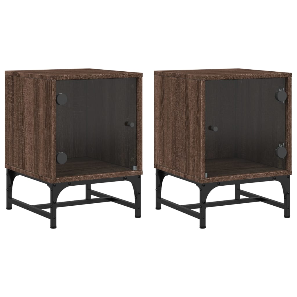 Brown Oak Bedside Cabinets 2pcs with Glass Doors - 35x37x50 cm
