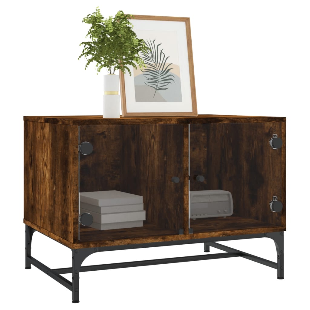 Coffee Table with Glass Doors Smoked Oak 68.5x50x50 cm