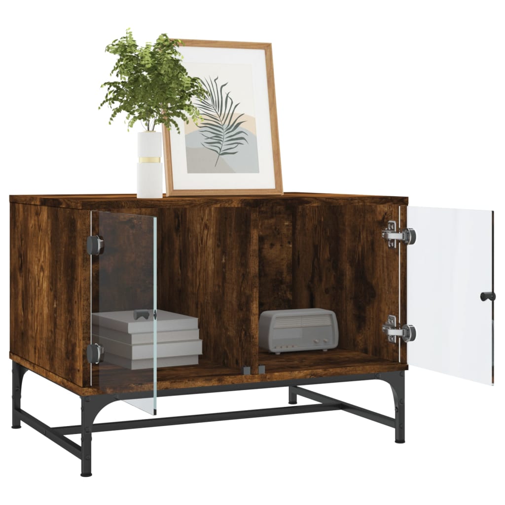 Coffee Table with Glass Doors Smoked Oak 68.5x50x50 cm