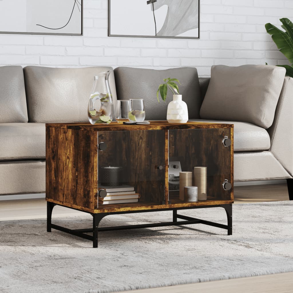 Coffee Table with Glass Doors Smoked Oak 68.5x50x50 cm