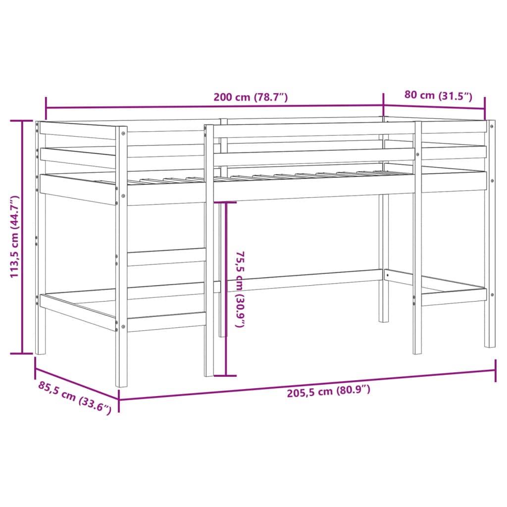 White Wood Kids' Loft Bed with Ladder, 80x200 cm, No Mattress