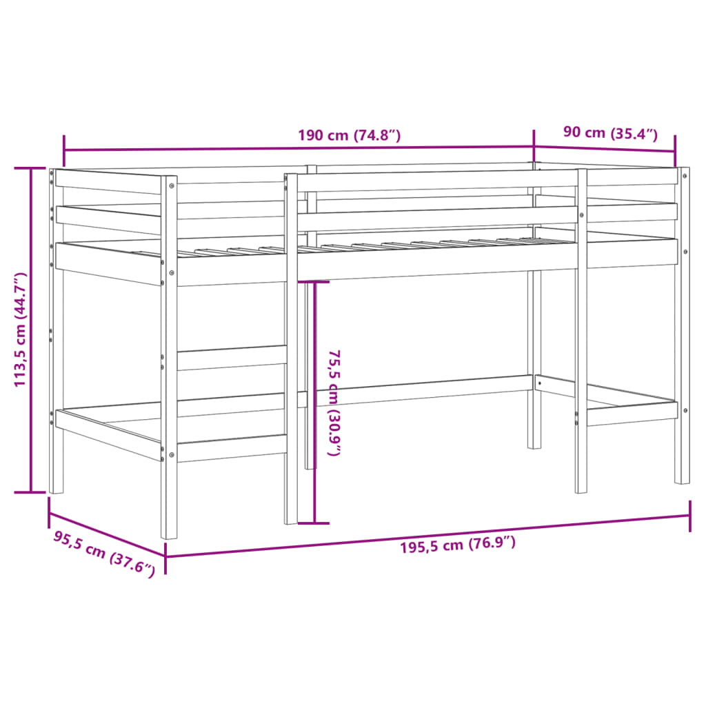 White Wood Kids' Loft Bed with Ladder 90x190 cm - No Mattress