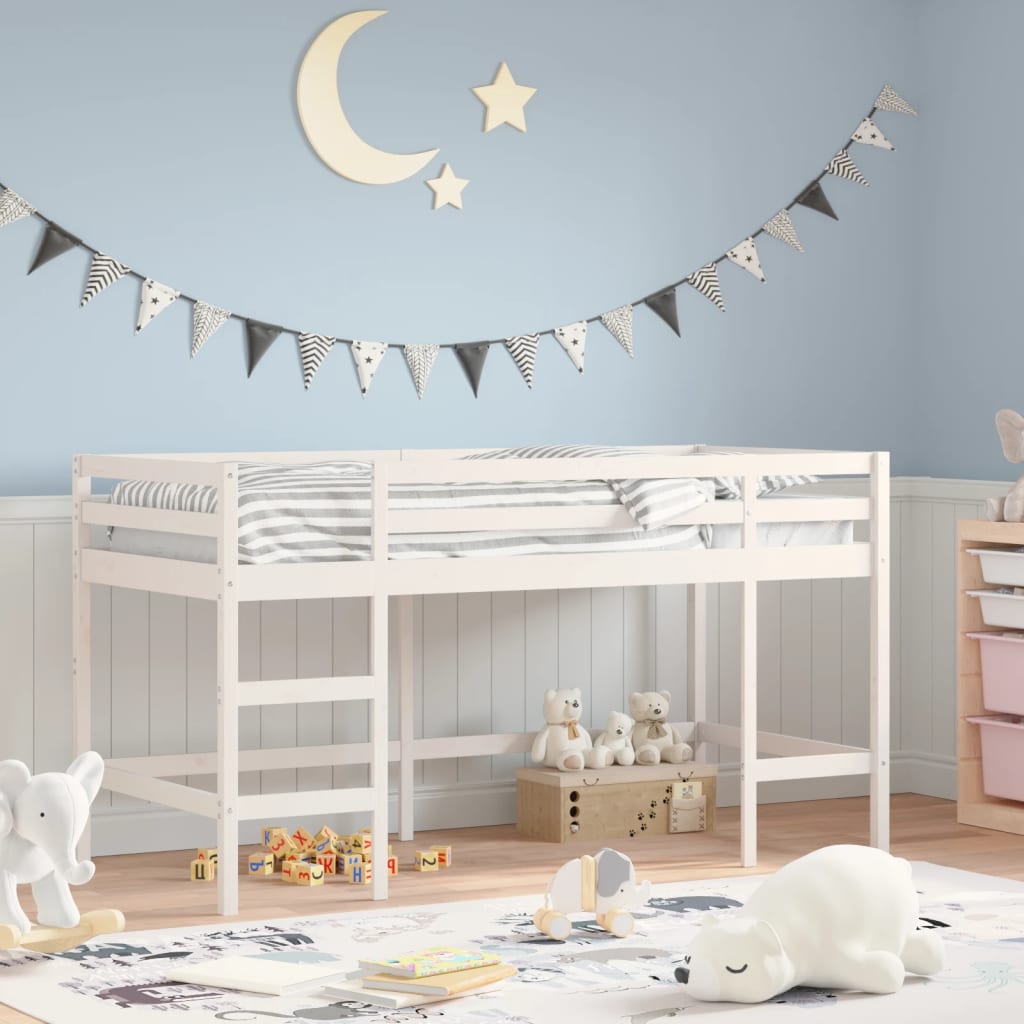 White Wood Kids' Loft Bed with Ladder 90x190 cm - No Mattress