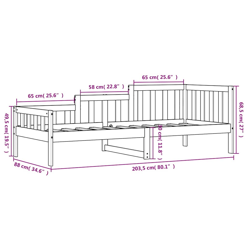 Solid Pine Day Bed Frame, 80x200 cm, Black - No Mattress Included