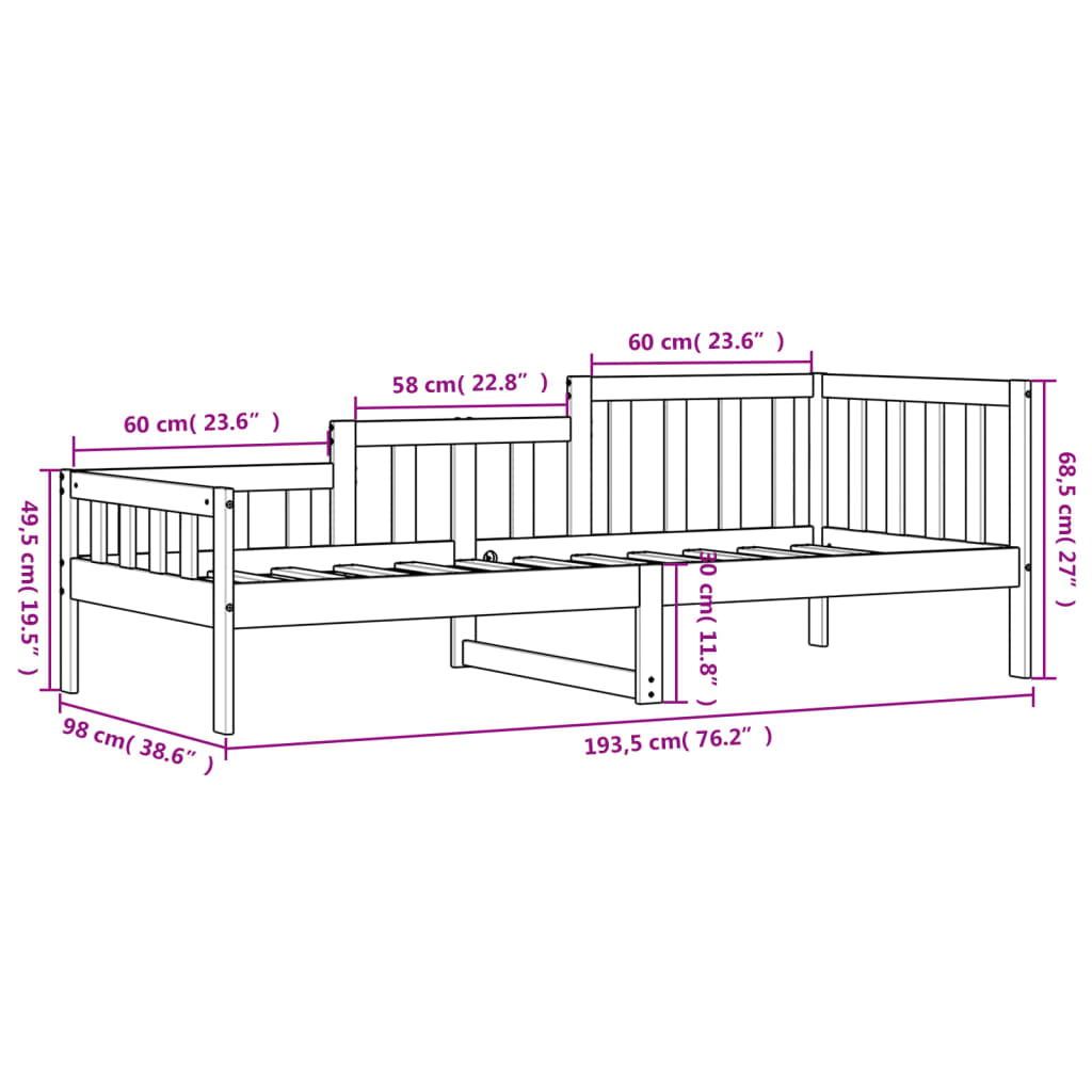 Black Solid Pine Day Bed Frame 90x190 cm - No Mattress Included