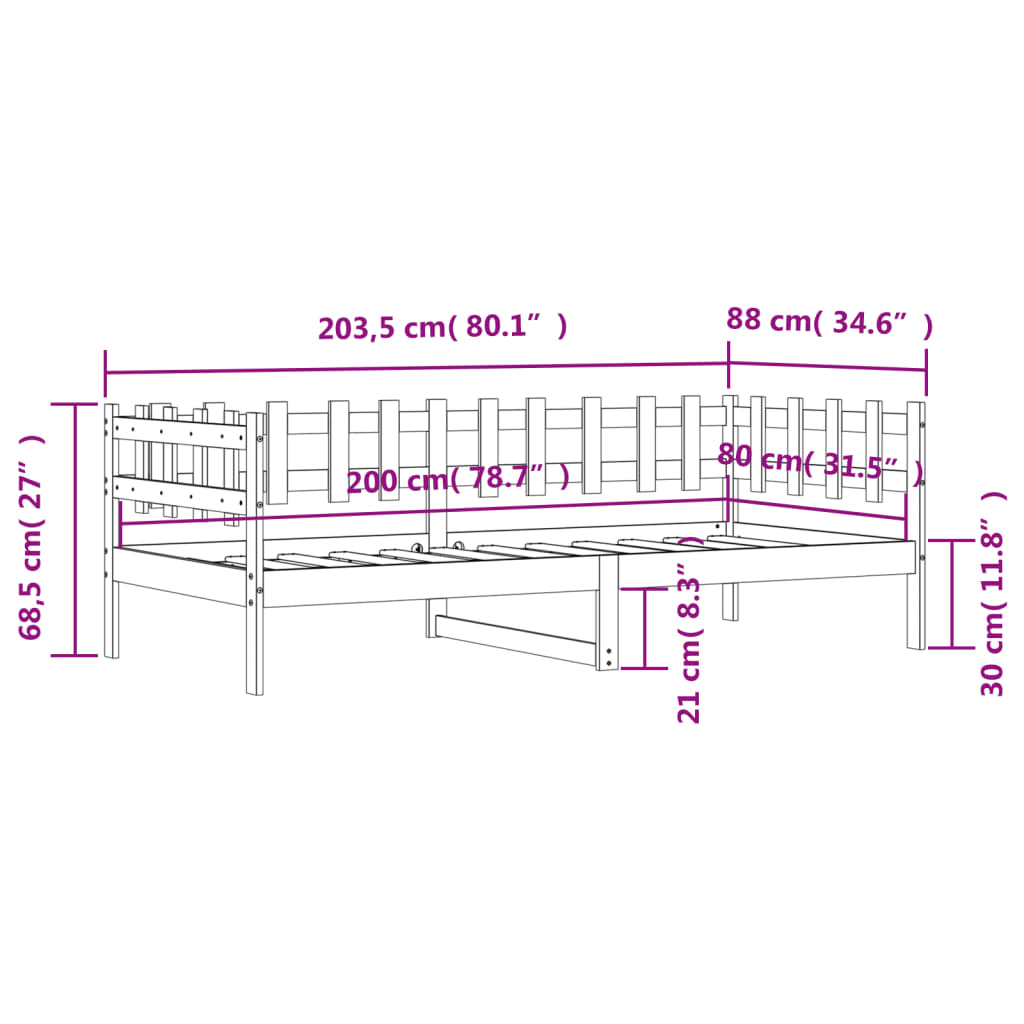Solid Pine Day Bed Frame 80x200 cm - Mattress Not Included