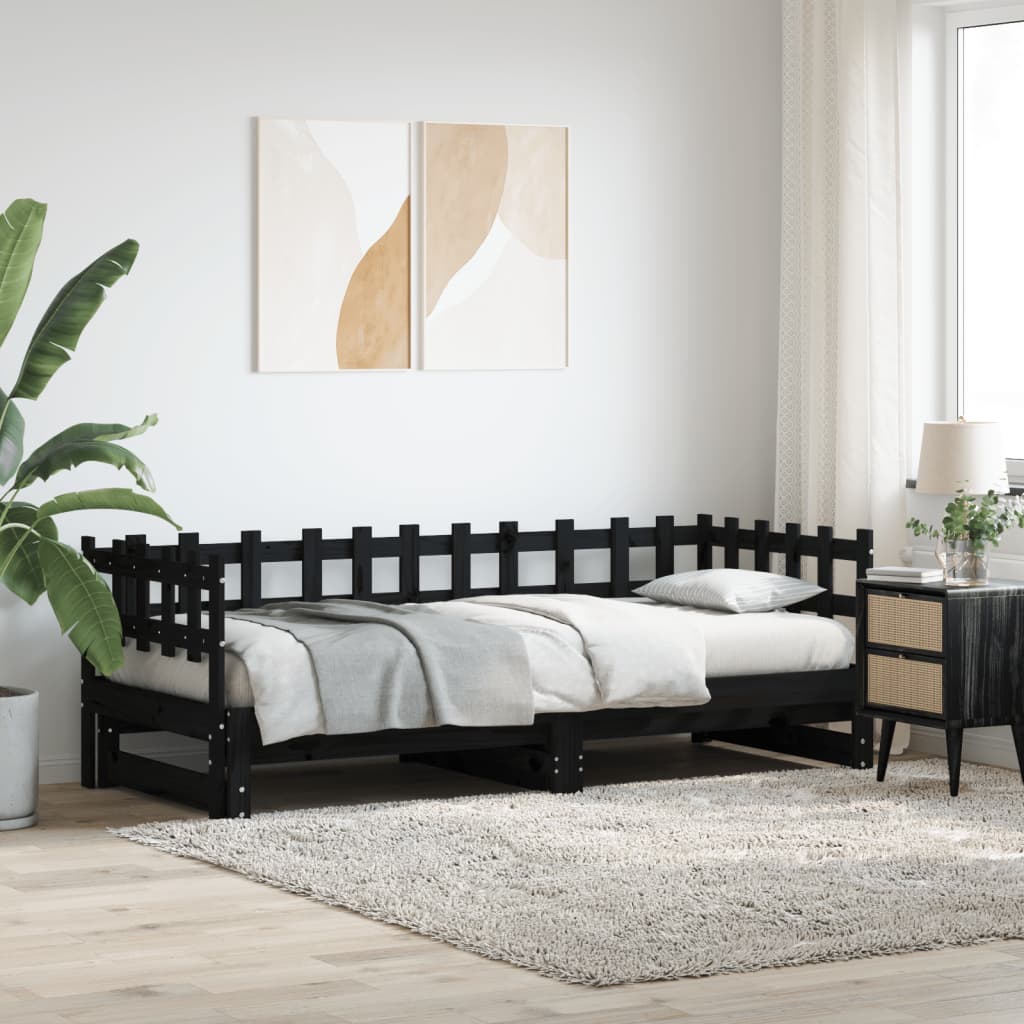 Solid Wood Pull-Out Day Bed Black 160x200 cm (No Mattress)