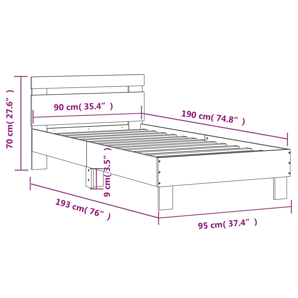 Sonoma Oak Single Bed Frame with Headboard, 90x190 cm, No Mattress