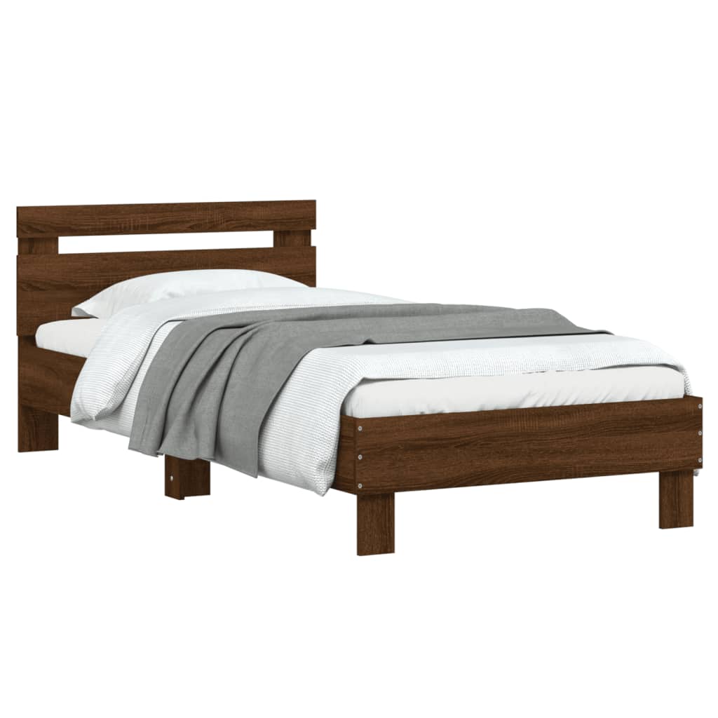 Brown Oak Small Single Bed Frame with Headboard, 75x190 cm