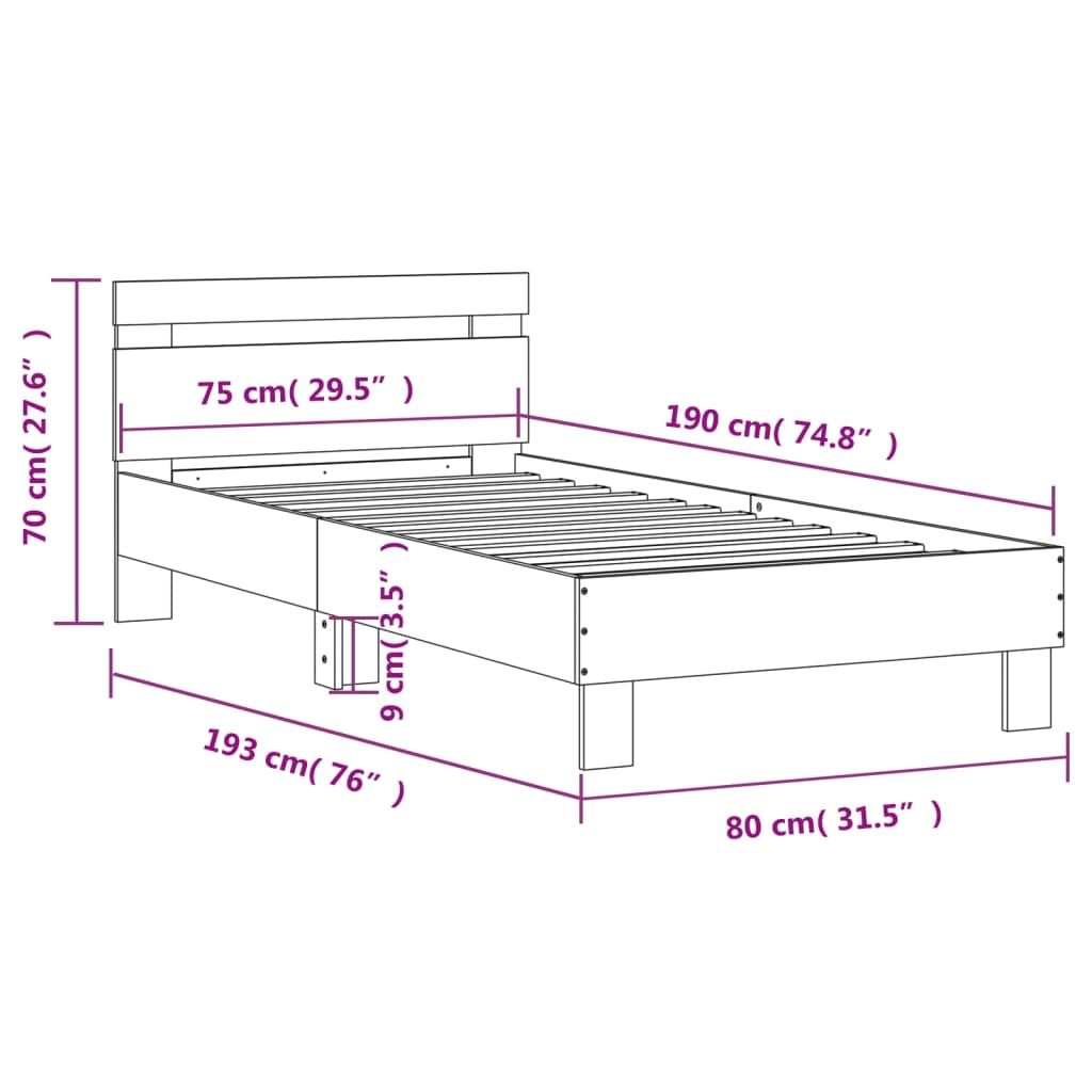 Brown Oak Small Single Bed Frame with Headboard, 75x190 cm