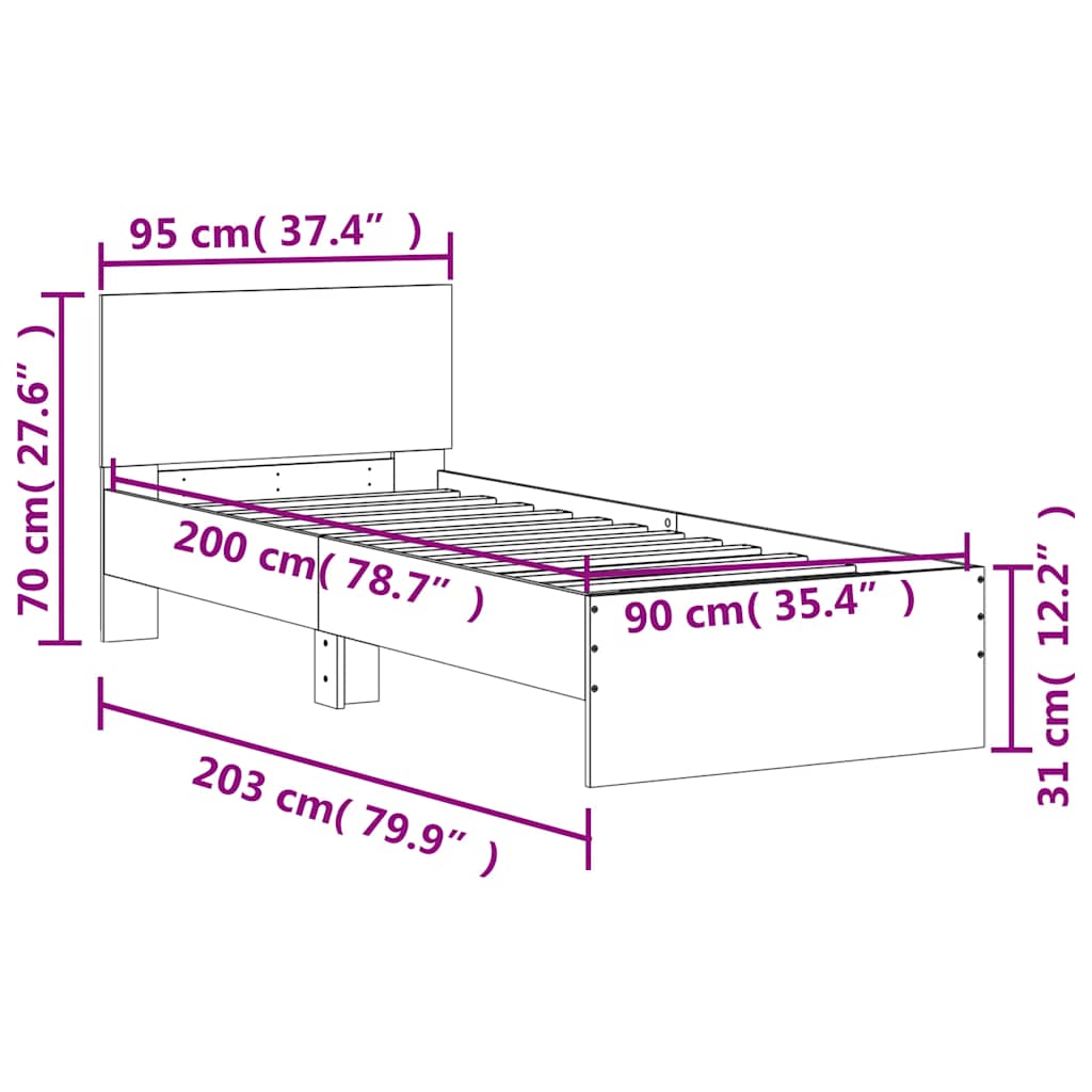 Sonoma Oak Bed Frame with Headboard 90x200 cm - No Mattress Included