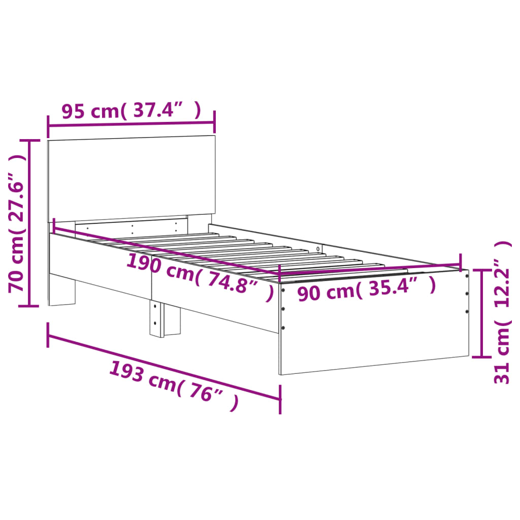 Grey Sonoma Single Bed Frame with Headboard, 90x190 cm, No Mattress