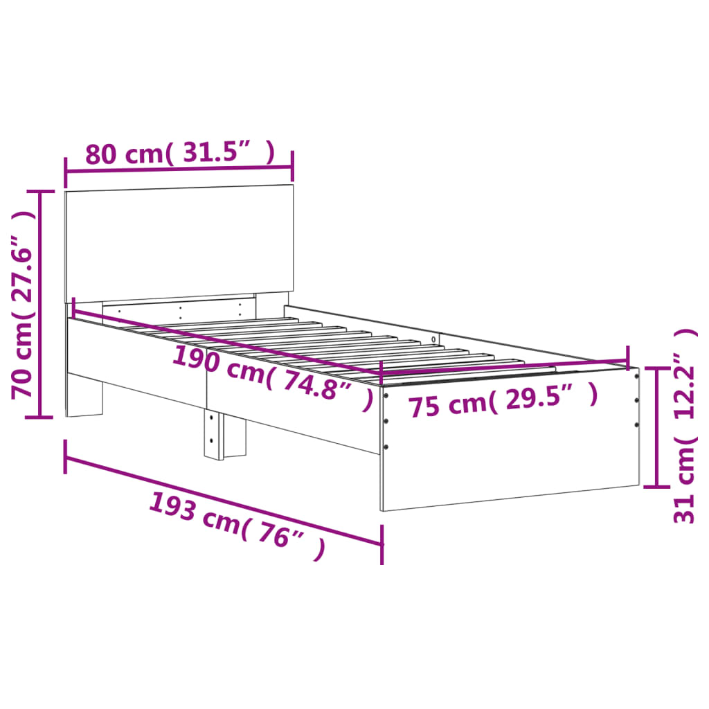Grey Sonoma Bed Frame with Headboard 75x190cm - Small Single