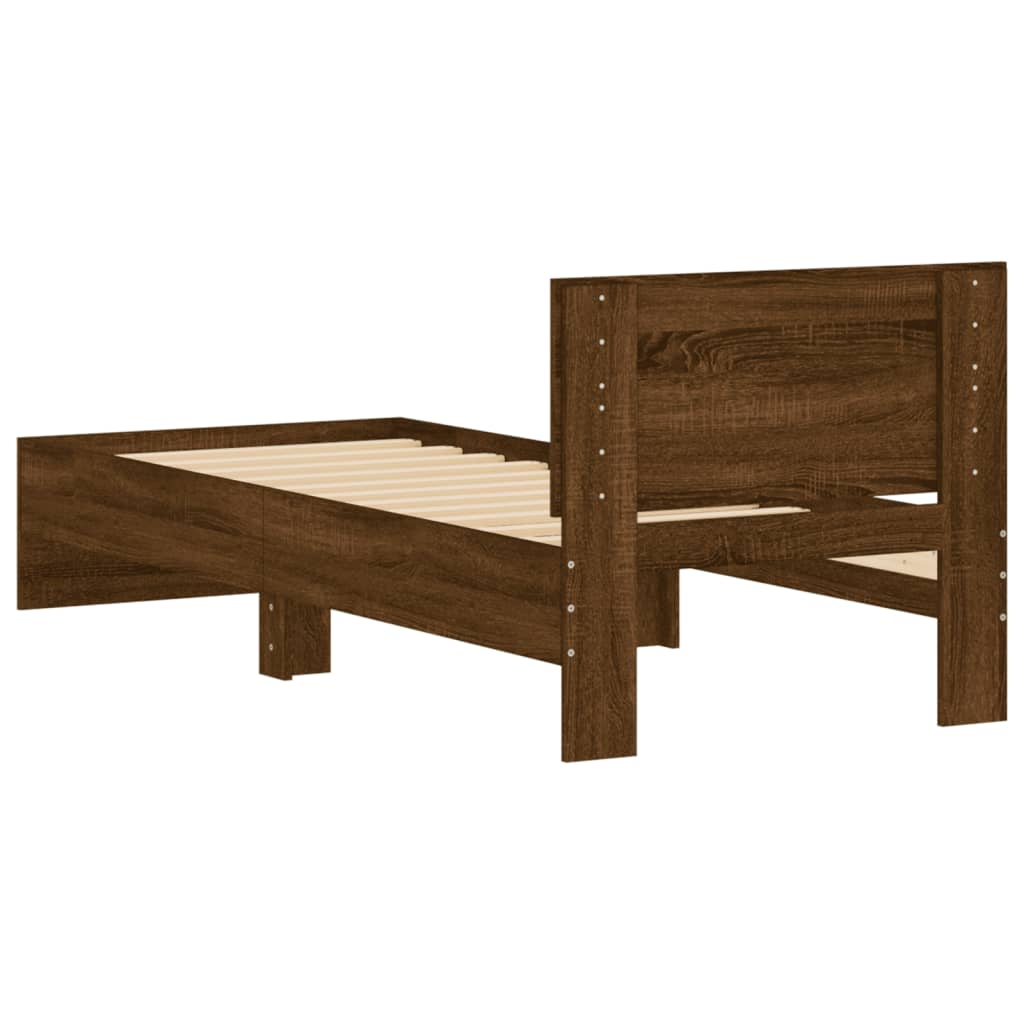 Small Single Bed Frame with Headboard - Brown Oak, 75x190 cm
