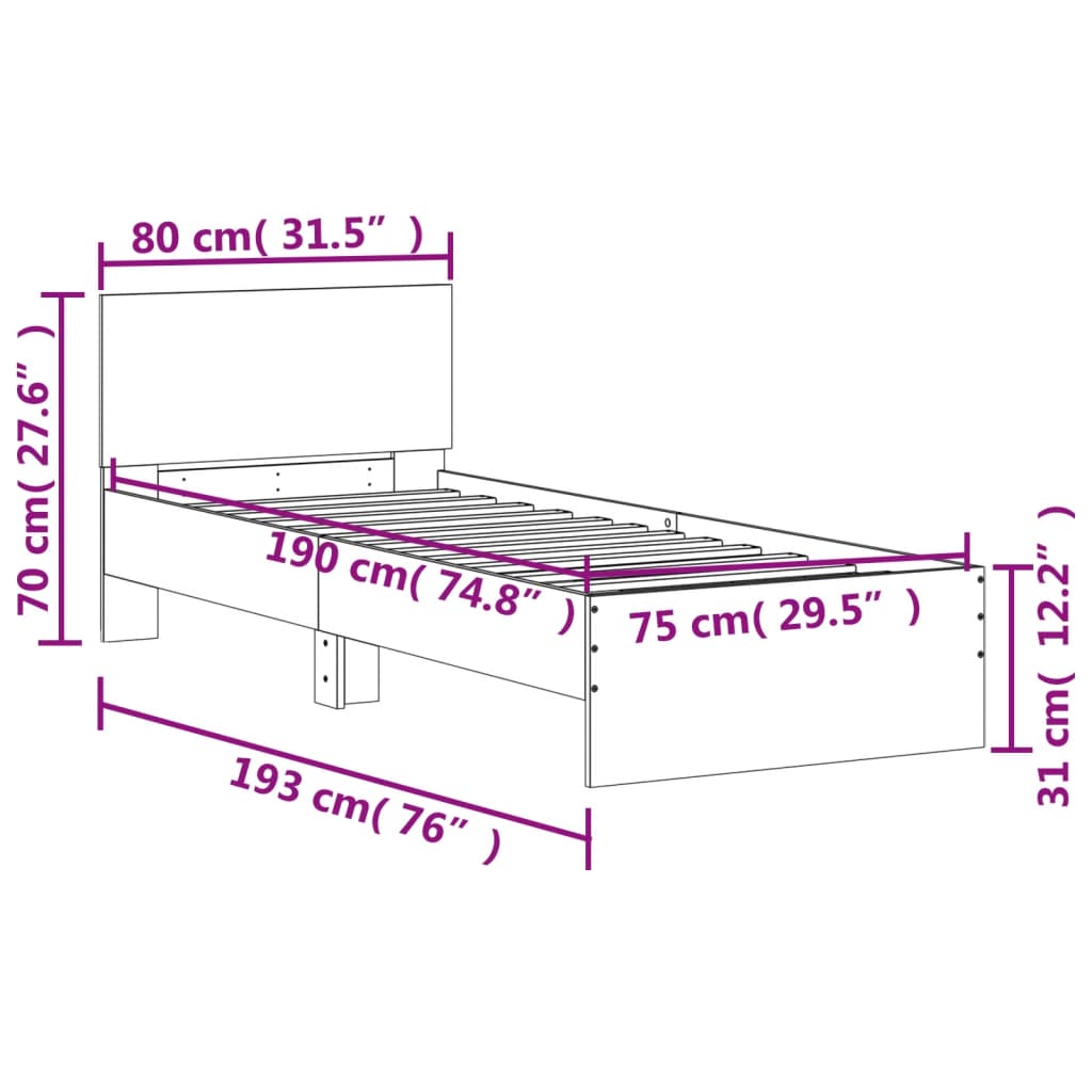 Small Single Bed Frame with Headboard - Brown Oak, 75x190 cm