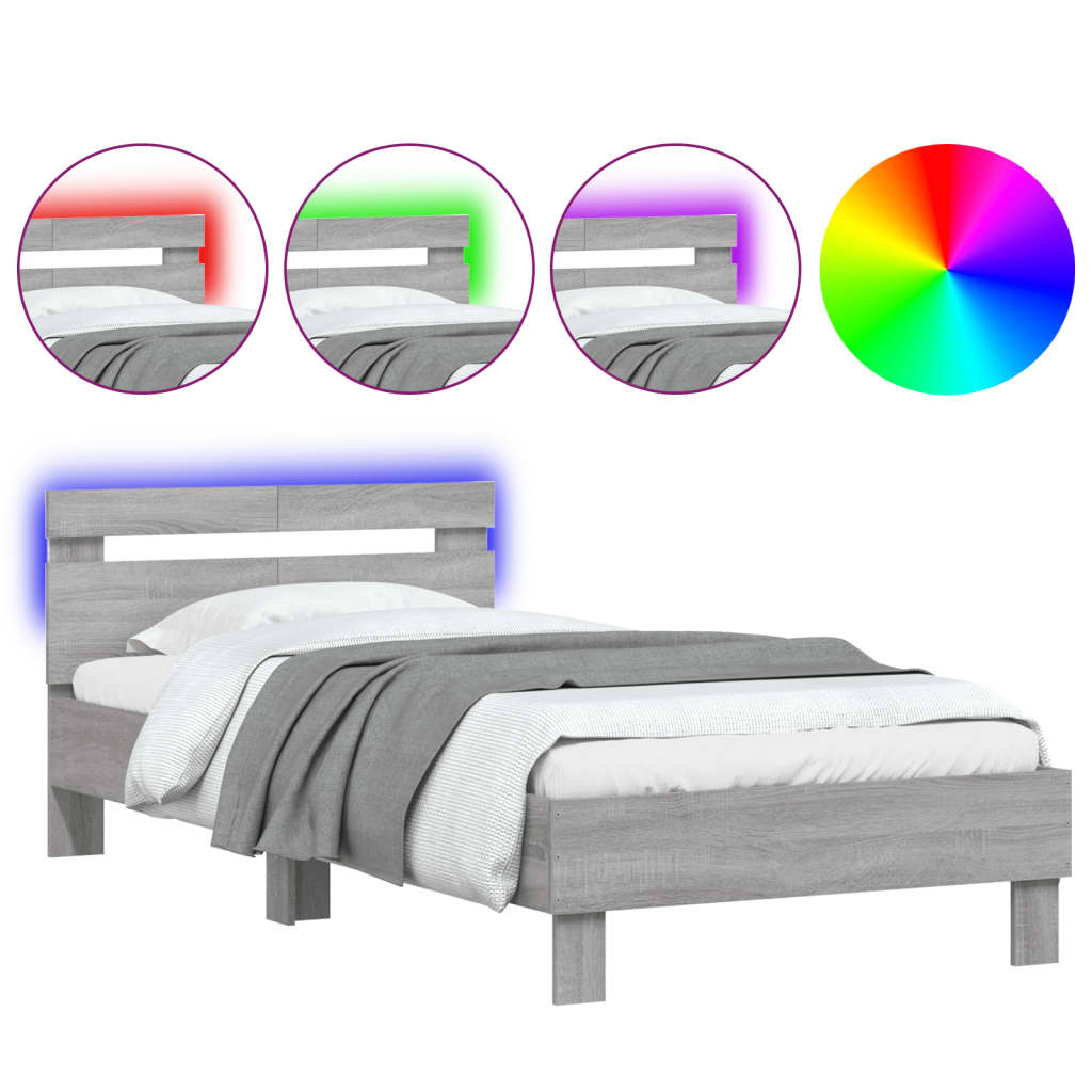 Grey Sonoma Bed Frame with LED Lights, 100x200 cm, Modern Design