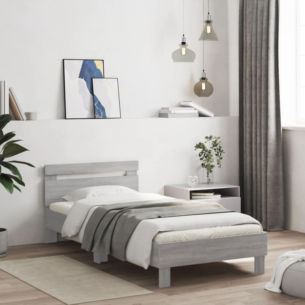Grey Sonoma Bed Frame with LED Lights, 100x200 cm, Modern Design