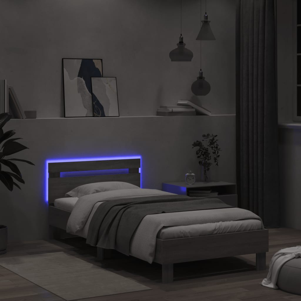 Grey Sonoma Bed Frame with LED Lights, 100x200 cm, Modern Design