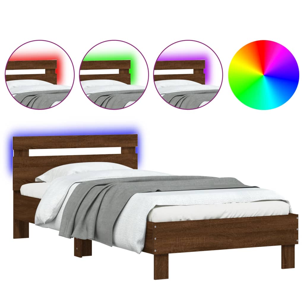Brown Oak Bed Frame with LED Lights 100x200 cm | No Mattress Included