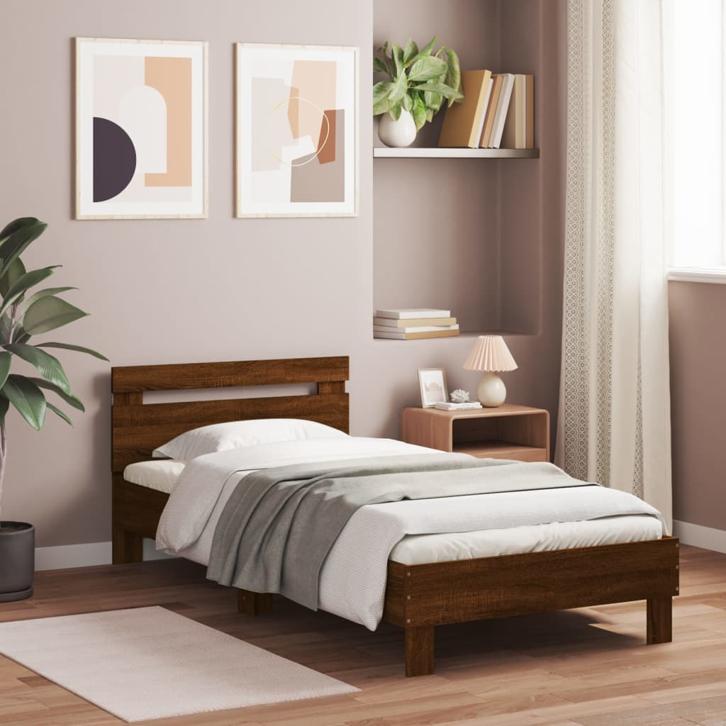Brown Oak Bed Frame with LED Lights 100x200 cm | No Mattress Included