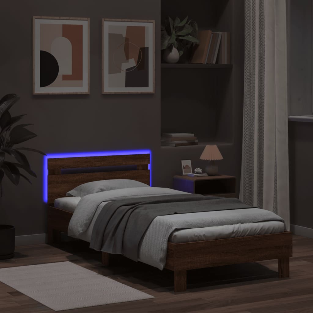 Brown Oak Bed Frame with LED Lights 100x200 cm | No Mattress Included