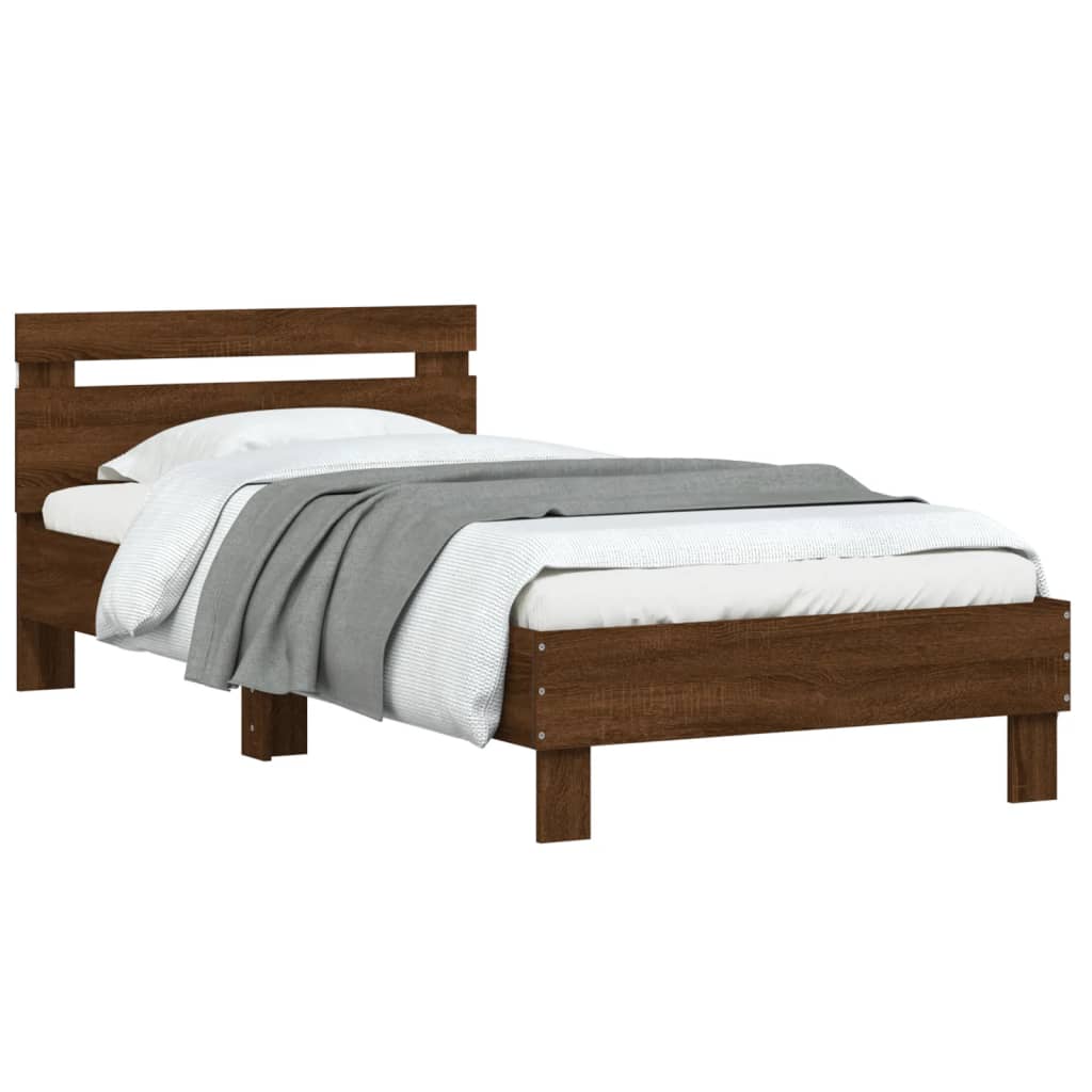 Brown Oak Bed Frame with LED Lights 100x200 cm | No Mattress Included