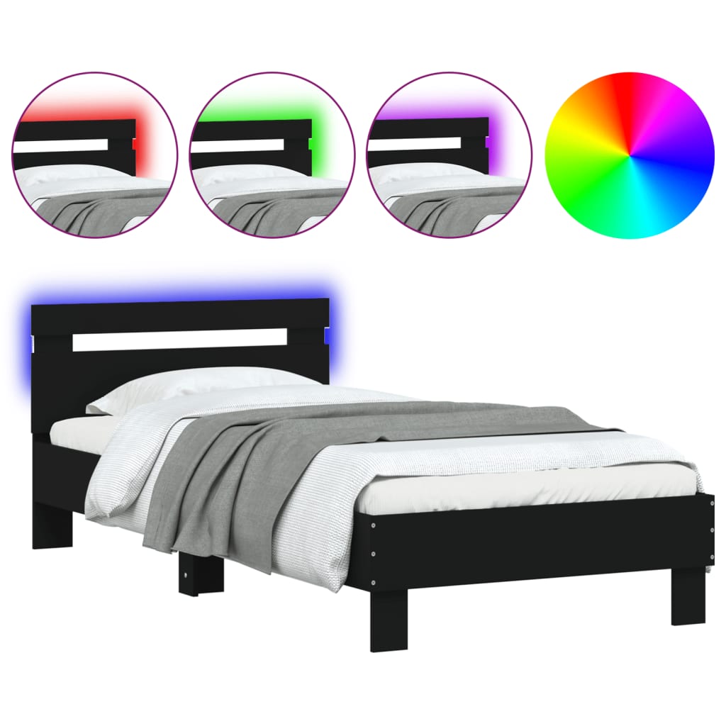 Black Metal Bed Frame with LED Lights, 90x200 cm, No Mattress