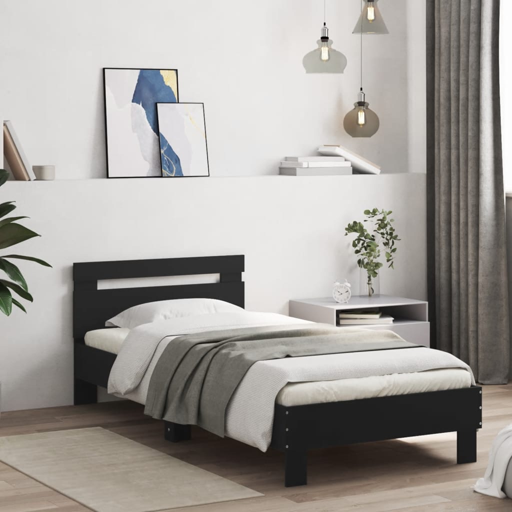Black Metal Bed Frame with LED Lights, 90x200 cm, No Mattress