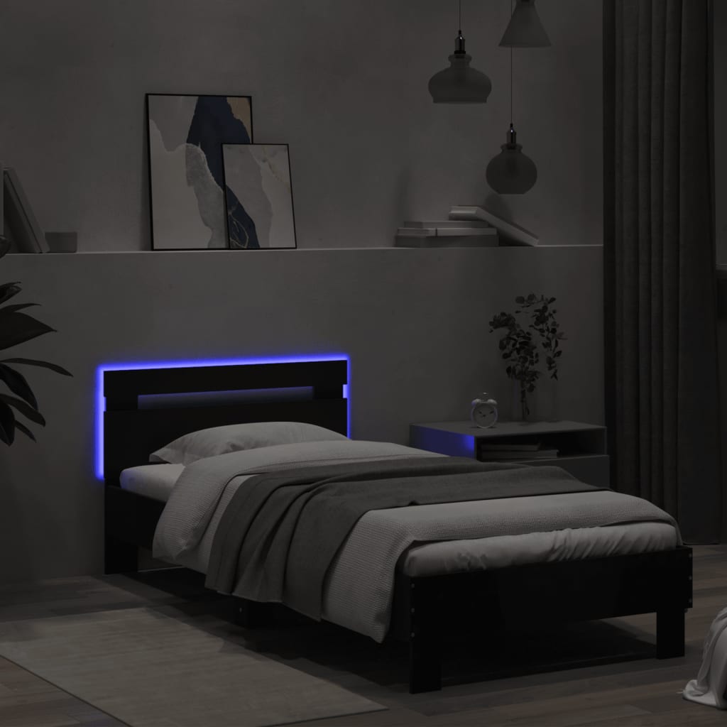 Black Metal Bed Frame with LED Lights, 90x200 cm, No Mattress