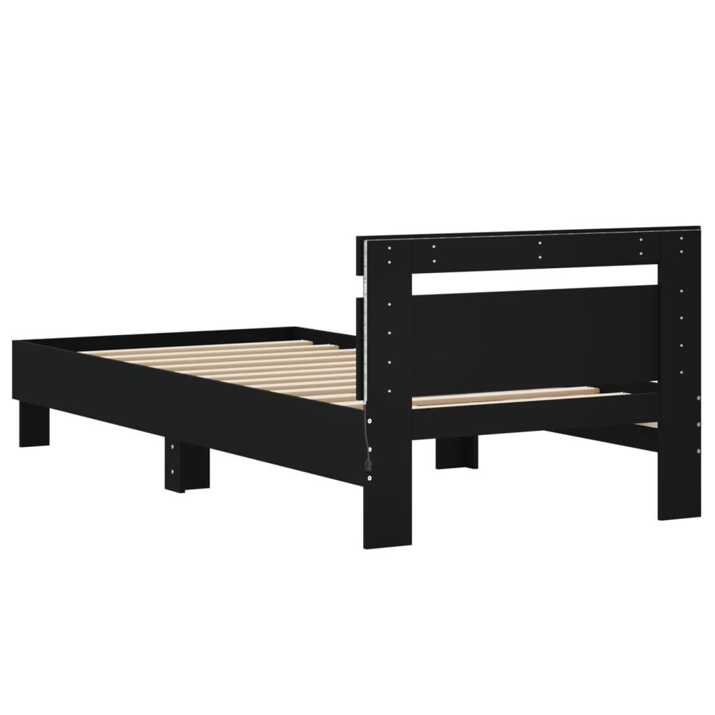 Black Metal Bed Frame with LED Lights, 90x200 cm, No Mattress