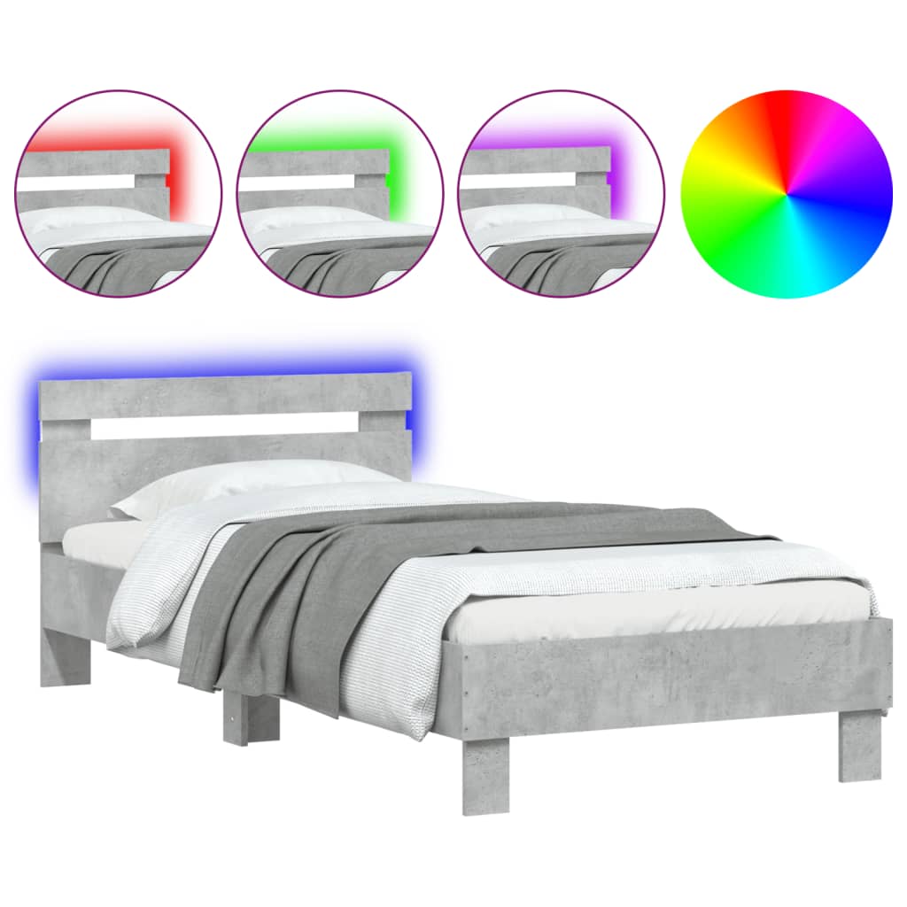 Concrete Grey LED Bed Frame 90x200 cm - Modern No Mattress