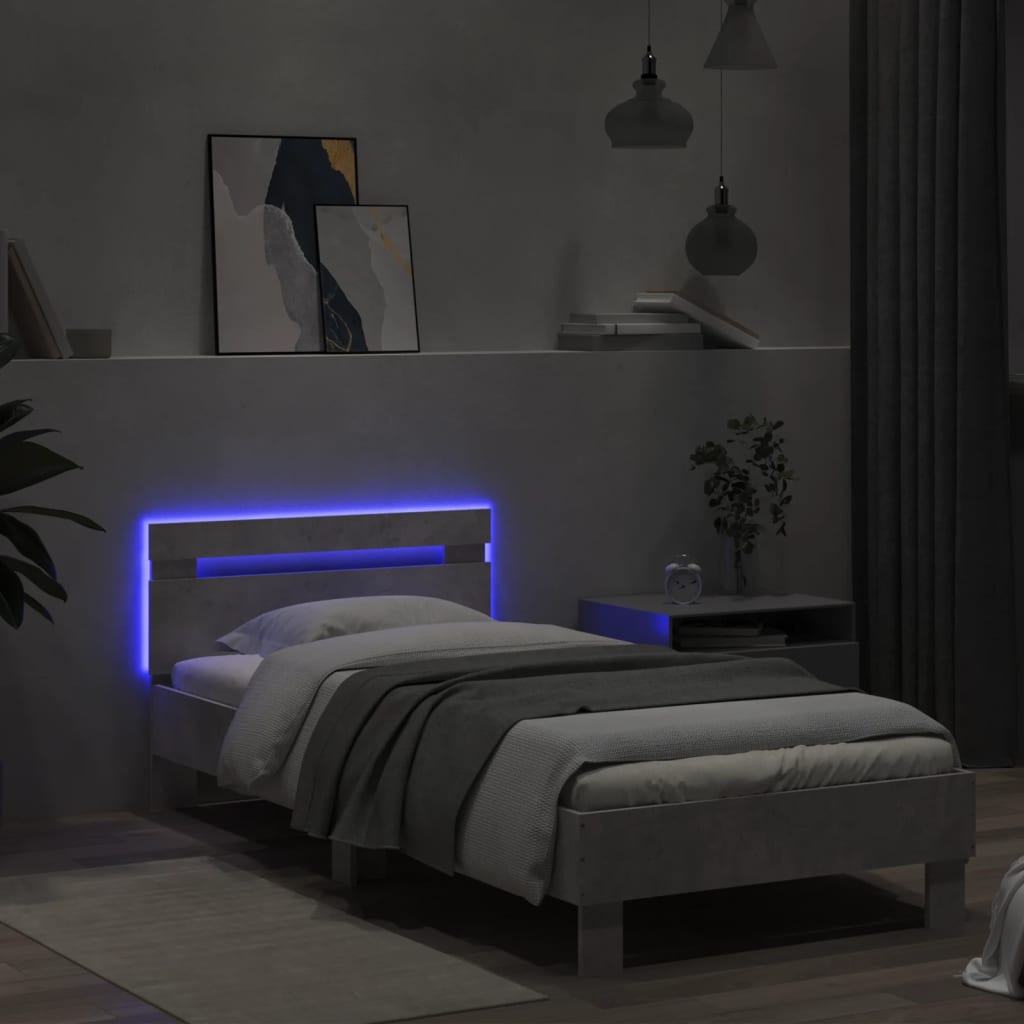 Concrete Grey LED Bed Frame 90x200 cm - Modern No Mattress