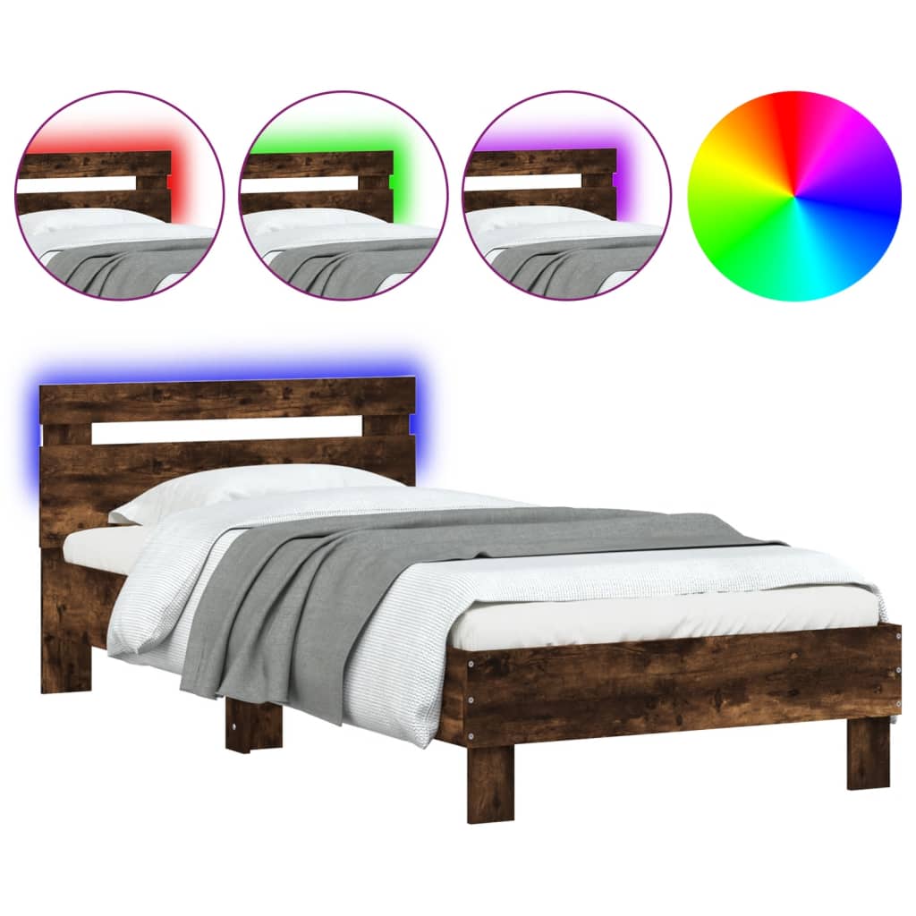 Smoked Oak Bed Frame with LED Lights, 90x200 cm (Mattress Excluded)