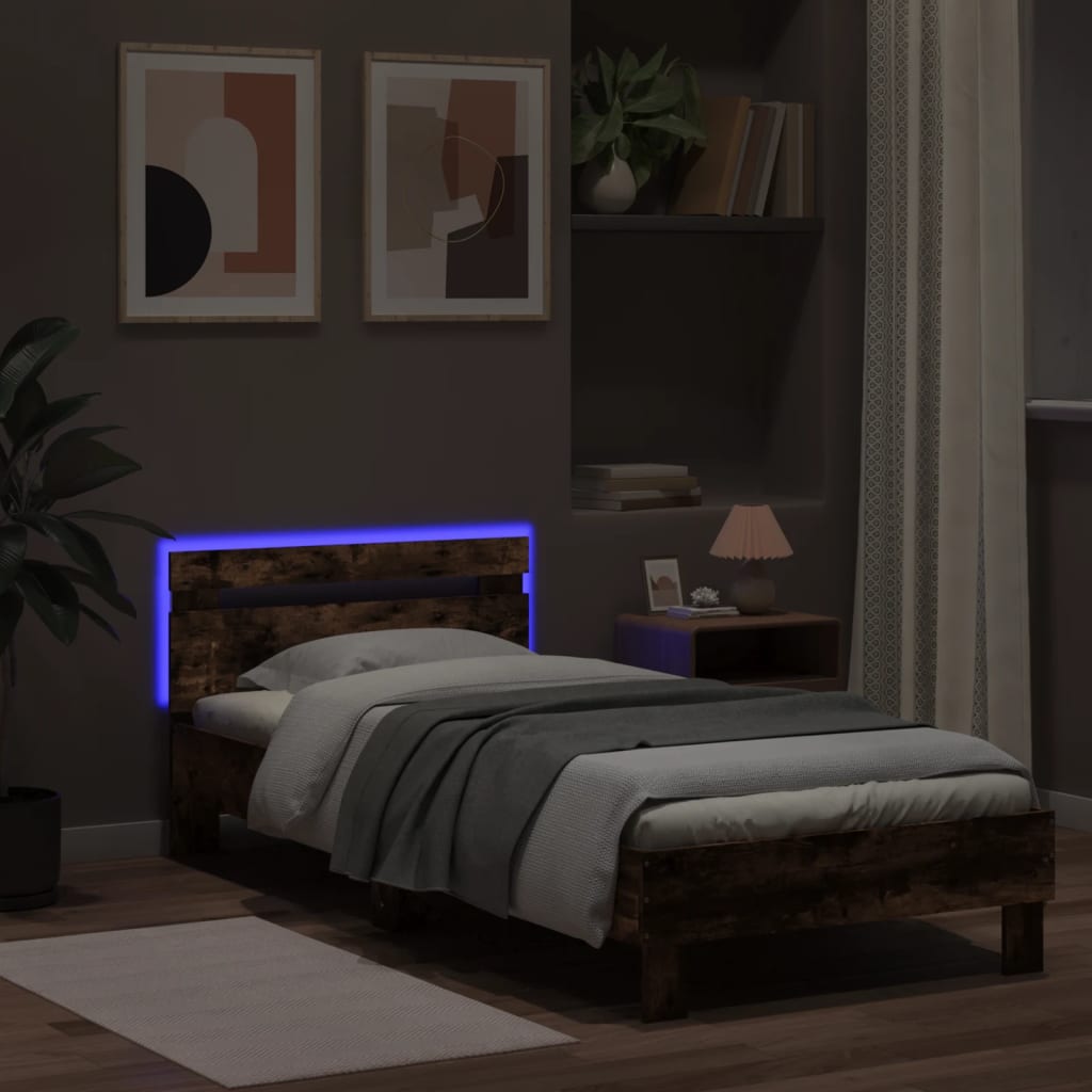 Smoked Oak Bed Frame with LED Lights, 90x200 cm (Mattress Excluded)