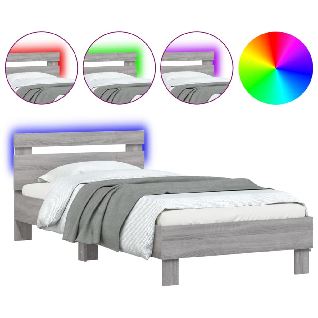 Grey Sonoma Bed Frame with LED Lights - 90x200 cm, No Mattress Included