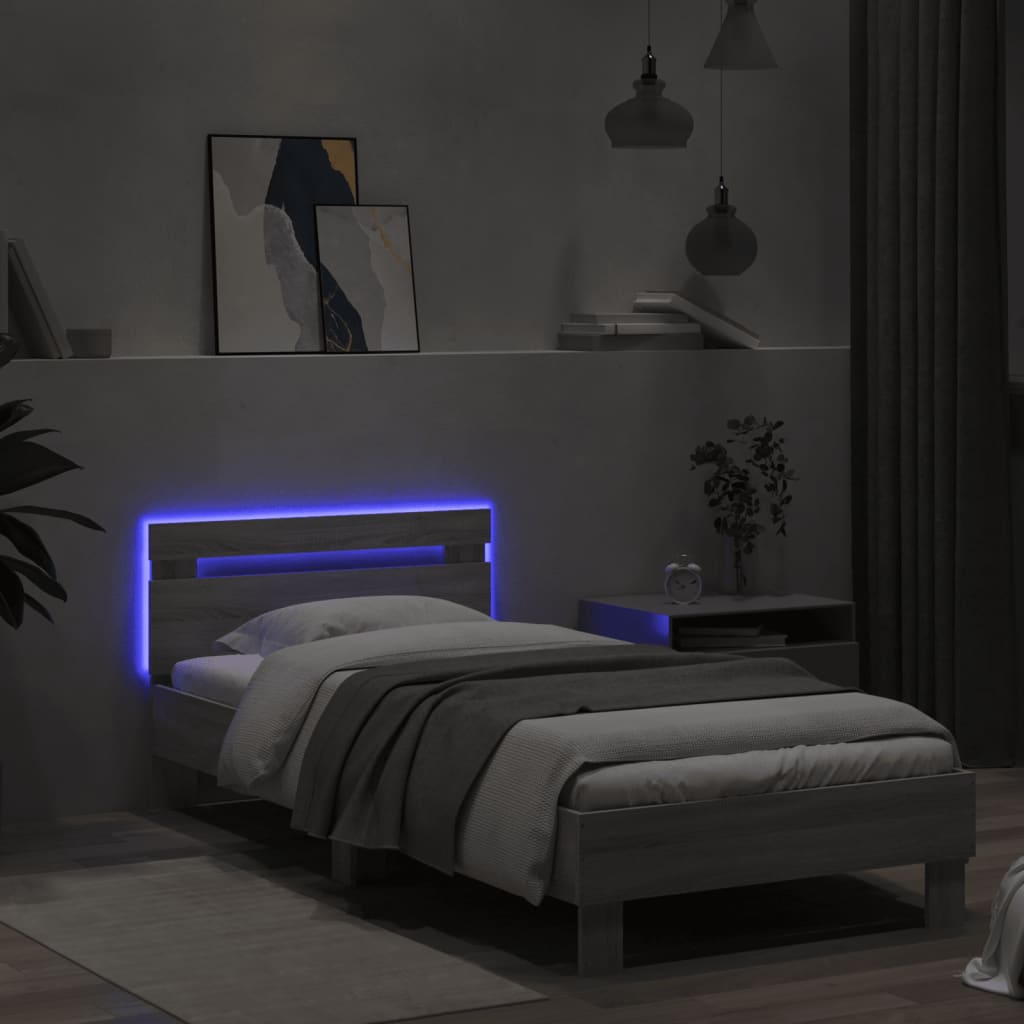 Grey Sonoma Bed Frame with LED Lights - 90x200 cm, No Mattress Included