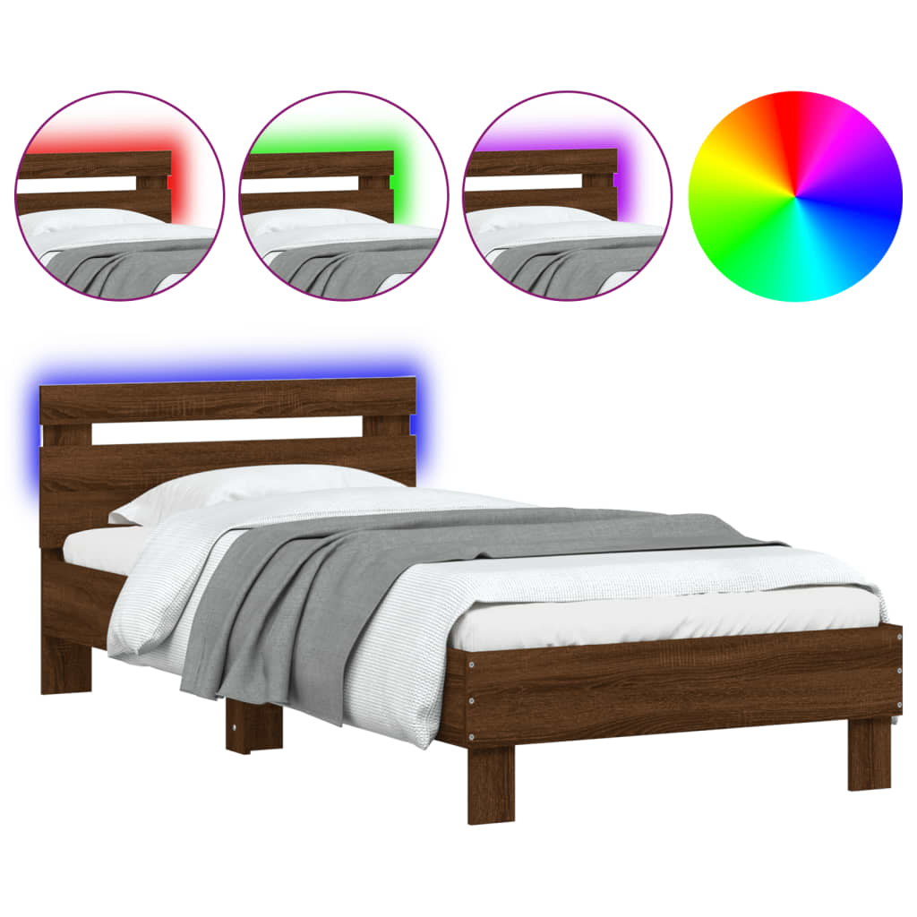 Brown Oak Single Bed Frame 90x190 cm with LED Lights