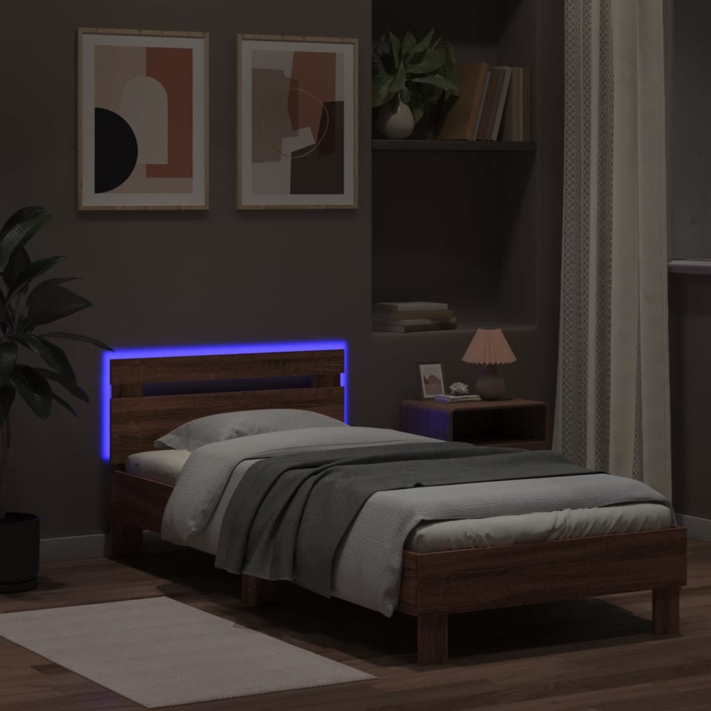 Brown Oak Single Bed Frame 90x190 cm with LED Lights