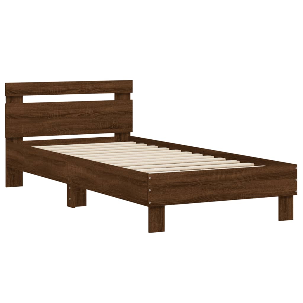 Brown Oak Single Bed Frame 90x190 cm with LED Lights